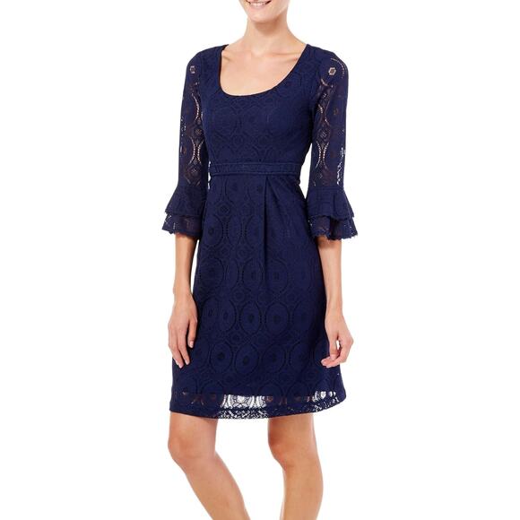 Rabbit Rabbit Rabbit Empire Waist Navy Blue Lace A Line Dress Bell Sleeve sz 10 - Picture 1 of 11